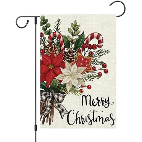 Wodison Merry Christmas Floral Garden Flag 12x18 Inch Double Sided Small Burlap Xmas Holiday Outside Yard Decoration Cover