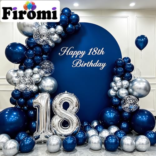 Image of Firomi Metallic Silver Navy Blue Balloons Set 12 inch 70pcs (2 Ribbons) | Dark Blue and Silver Confetti Balloons Set for Wedding Graduation Retirement Birthday Bachelorette Party