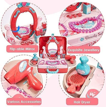 TONICTOYS 3 in 1 Beauty Makeup Plastic Pretend Play Set Fashion Set Suitcase Toy, Gift for Girls 3-8 Year Old Kids,Multi Color (3 in 1 Beauty Set) 2