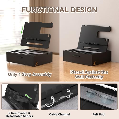 Pezin & Hulin 誕生日プレゼント 男性 デスクオーガナイザー スマホスタンド 竹製 デスク周りの多機能収納ボックス 引き出し付着 便利ガジェット タブレット置き メガネ置き 財布、キー、メガネ、腕時計、イヤホンなど収納出来 彼氏、父親、友達の誕プレ、父の日、記念日への贈り物としてお勧め 組み立て式-ブラック