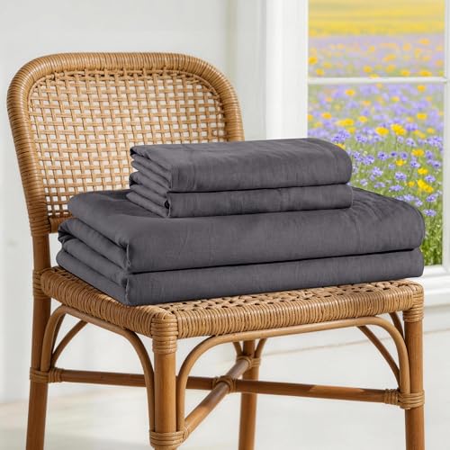 Image of 100% French Linen Sheet Set 4Pcs Deep Pocket 16 inch, Queen Size Dark Gray