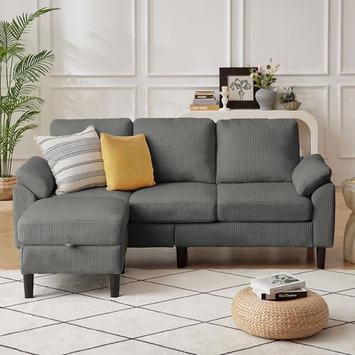 Image of 80''L Shaped Sectional Sofa Couch, 3 Seater Corduroy Sofa with Storage Ottoman, Removable & Washable Cushion Covers, Side Pockets, Modern L Couch for Living Room, Dark Grey