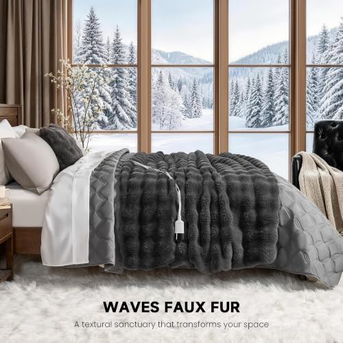 SMRISS Heated Blanket Faux Rabbit Fur Bubble Electric blanket ,Grey,50"x62" | Certified by ETL/UL,FCC,12 Heat Levels,5 Time Settings(Up to 8H)Auto-Off,Overheat Protection,Machine Washable,Elegant Package - image 5