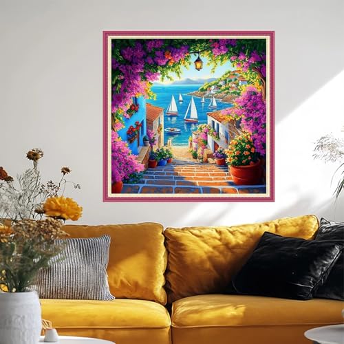 Image of Fanxvivy Stamped Cross Stitch Kits for Beginners Full Range of Cross Stitching Preprinted Embroidery Kits for Adults, 11CT Embroidery Pattern Needlepoint Kits-Seaside Floral Scenery 18x18 inch