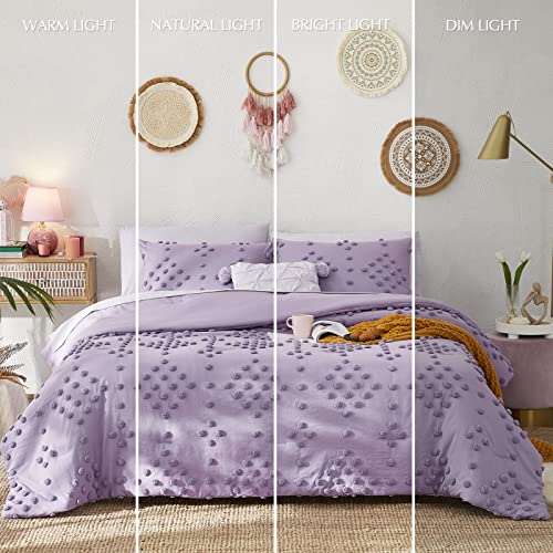 Image of Girls Twin Bedding Set - 5 Pieces Tufted Pom Bed in a Bag Purple Bed Set