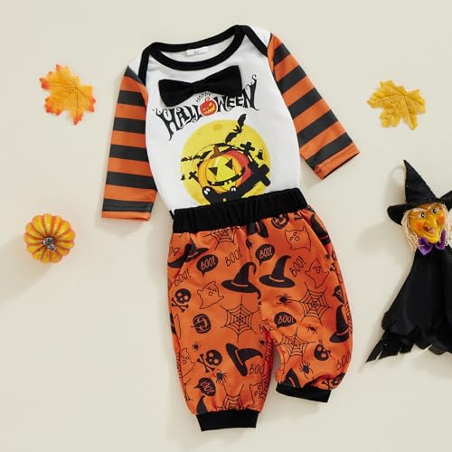 Newborn Baby Boy Halloween Outfit Clothes Pumpkin Print Long Sleeve Romper Elastic Waist Pants Set2