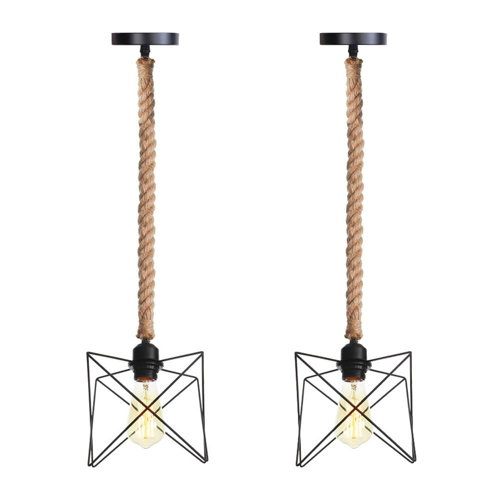 FYZDLAOR Industrial Vintage Wrought Iron Pendant Light,Hemp Rope Pendant Light,for Living Room Bedroom Cafe Teahouse Bar Dining Room Club（E27）