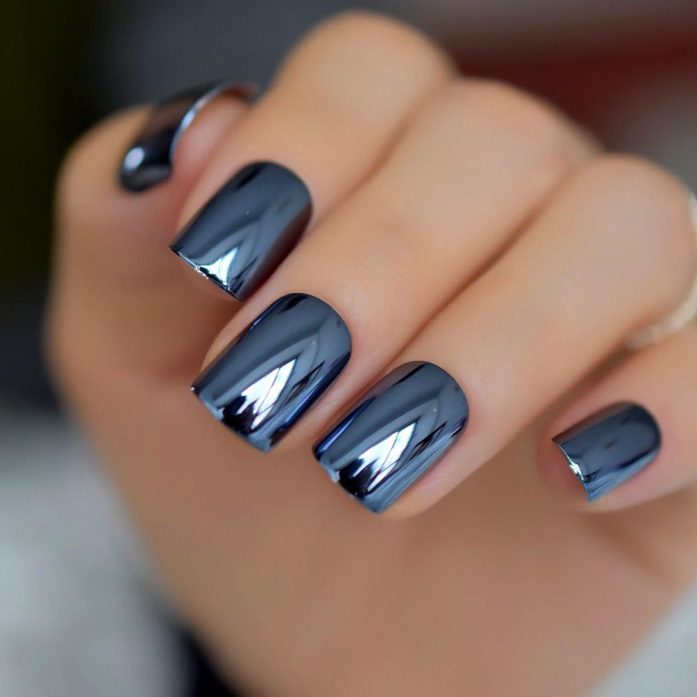 EchiQ Reflective Mirror Blue Gray Metal Plating False Fake Nails Navy Blue Acrylic Metallic Square Nail Art Tips
