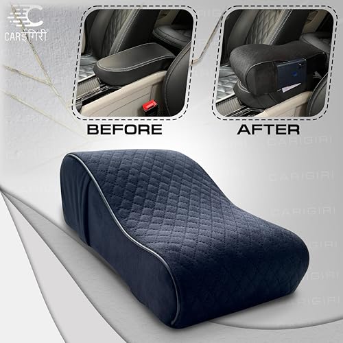 Image of Carigiri ComfiRest Car Armrest Cushion| Memory Foam Arm Cushion| Universal for All Cars| Armrest Support Extender| Height Armrest Pad(Black Seam,Breathable Velvet,Dual Mobile Pocket)