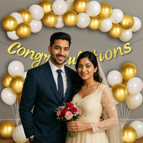 Image of Party Propz Congratulations Banner - 42 Pcs Golden And White Congratulations Decoration Items | Balloons For Decoration | Congrats Banner (Cardstock, Latex)