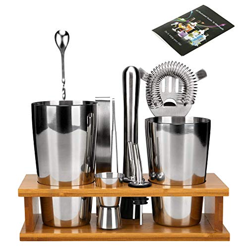Boston Cocktail Shaker Set-12 Pieces Bar Tools Set With Bamboo Stand,28oz/20oz Shaker Set