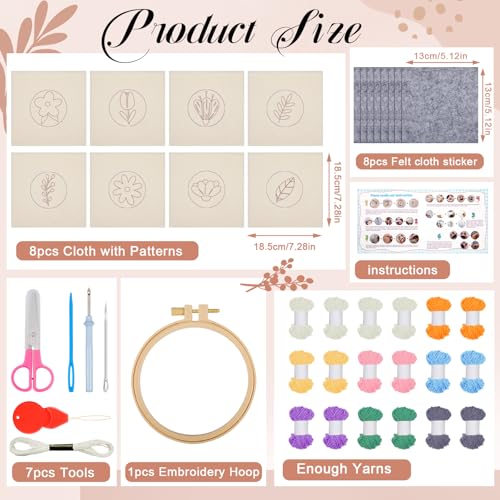 Image of Preboun 8 Pcs Floral Punch Needle Coaster Kit Punch Needle Embroidery Kit for Adults Beginners Flower Punch Needle Supplies for Crafters Tufted Coasters Including Yarns Hoop Tools