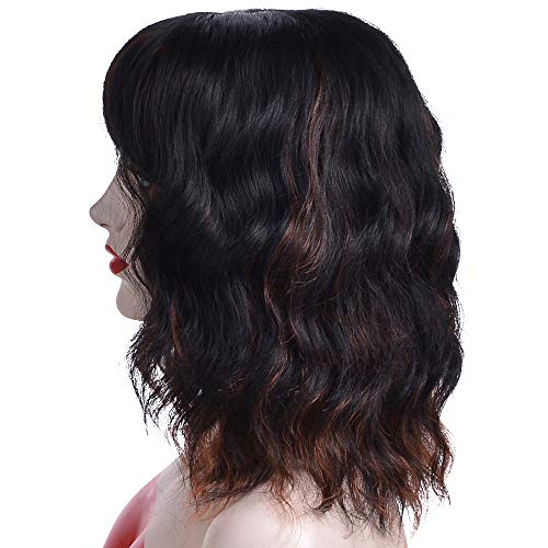 Womens Short Wavy Wig Natural Curly Bob Synthetic Fiber Hair with Bangs for Costume Party Daily Wear Heat Resistant (Black mix Brown)