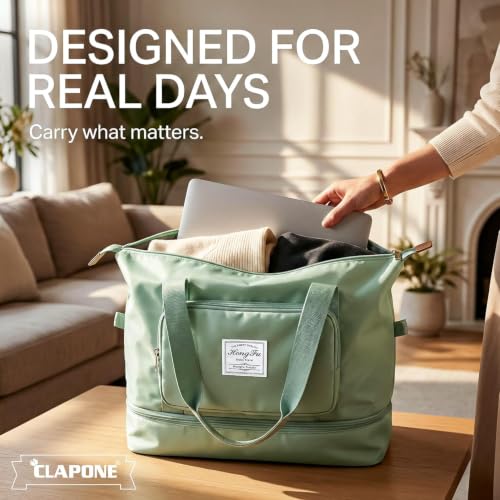 Image of Nylon 42 Liter Expandable Travel Bags for Women, Duffle Bags for Women Luggage, Foldable Vanity Traveling Bag, Waterproof Hand Bag for Ladies Personal Items (Green)