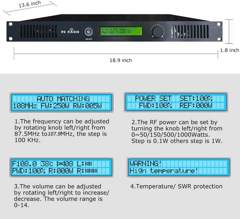 FM Transmitter highlighting DSP Technology and included audio line