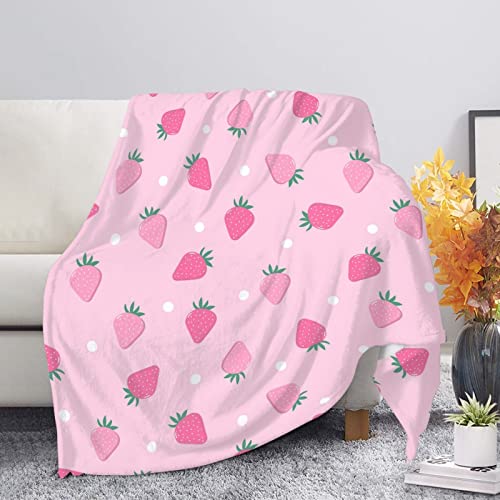 Wanyint Manta de franela con estampado de fresa rosa, súper ligera, manta de viaje que mantiene el calor, mantas esponjosas para dormitorio, sala de estar, cama, sofá, camping Cover