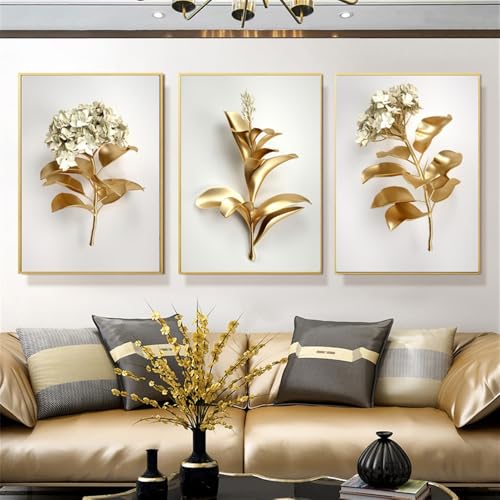 MIVINC Conjunto de 3-Póster de Plantas Doradas Hojas y Flores Lienzo Impreso Cuadro Moderno de Estilo Nórdico para Sala de Estar Cocina Oficina Dormitorio y Decoración del Hogar-40 * 60cm (Sin marco)