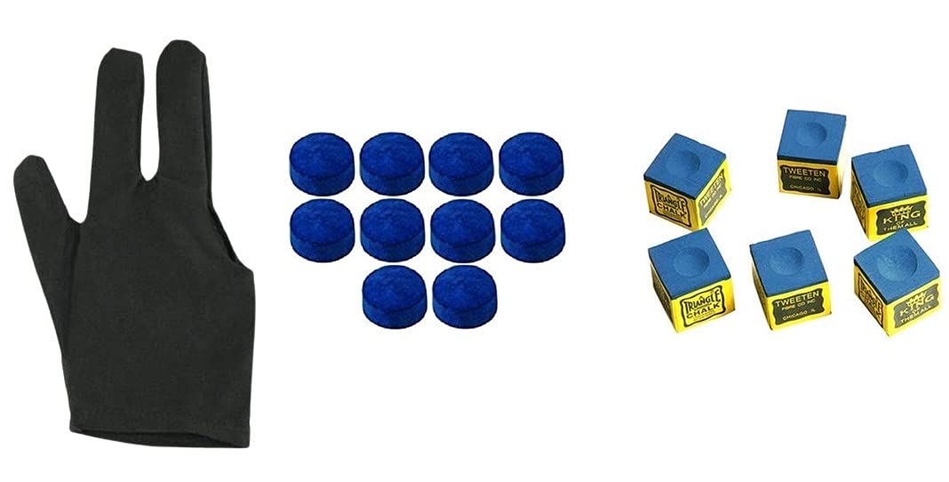 Billiard Combo of Snooker Pool Glove, 6 Pcs Chalk and 10 Pcs Cue Tip (9mm)
