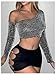 SweatyRocks Women's Sparkly Off The Shoulder Crop Tops Glitter Sheer Mesh Going Out Tops Silver Small