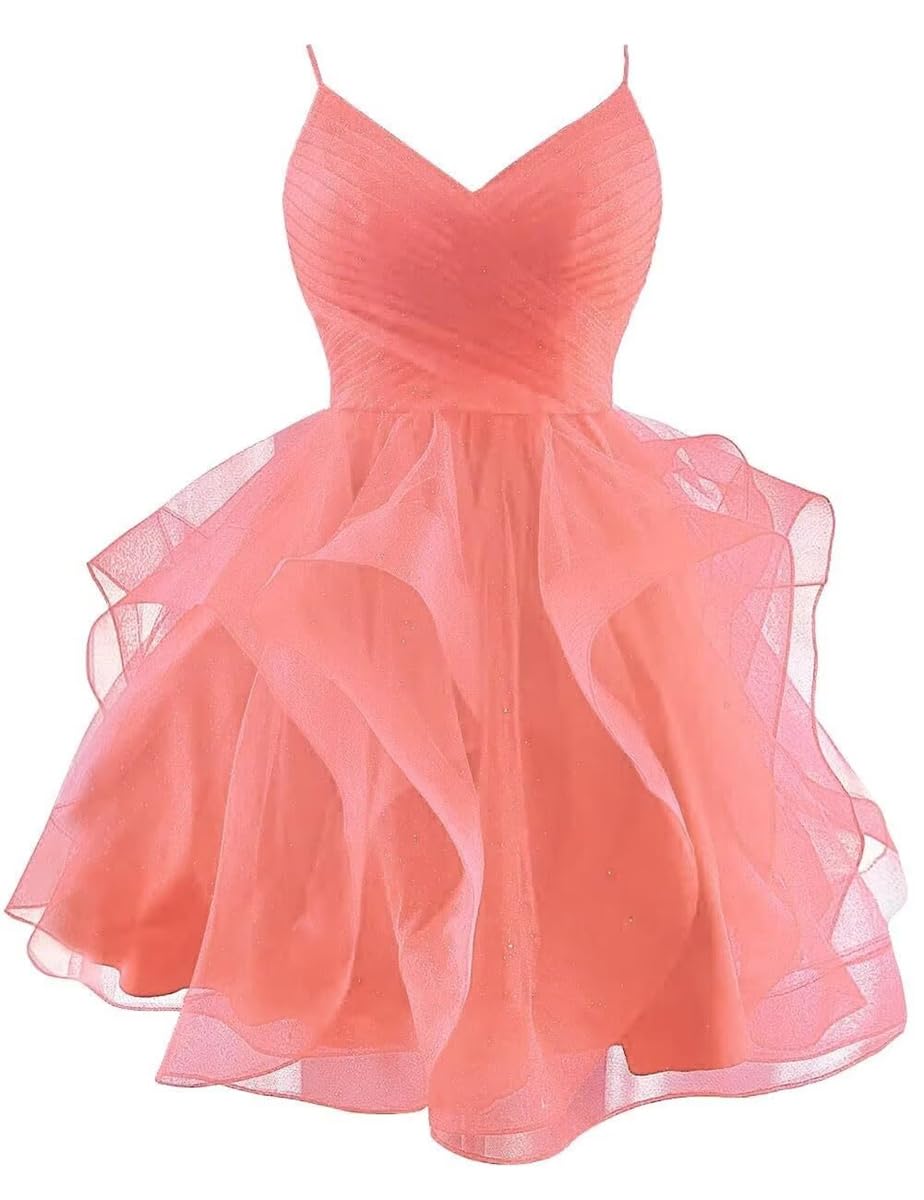 SAYNO Glitter Tulle Short Homecoming Dresses Spaghetti Straps Mini Cocktail Dresses for Teens Puffy Ruffle Tiered Prom Dress Coral UK6