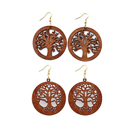 2 Pairs Bohemian Lightweight Wooden Tree of Life Dangle Earrings Handmade Teardrop Round Wood Earrings for Women