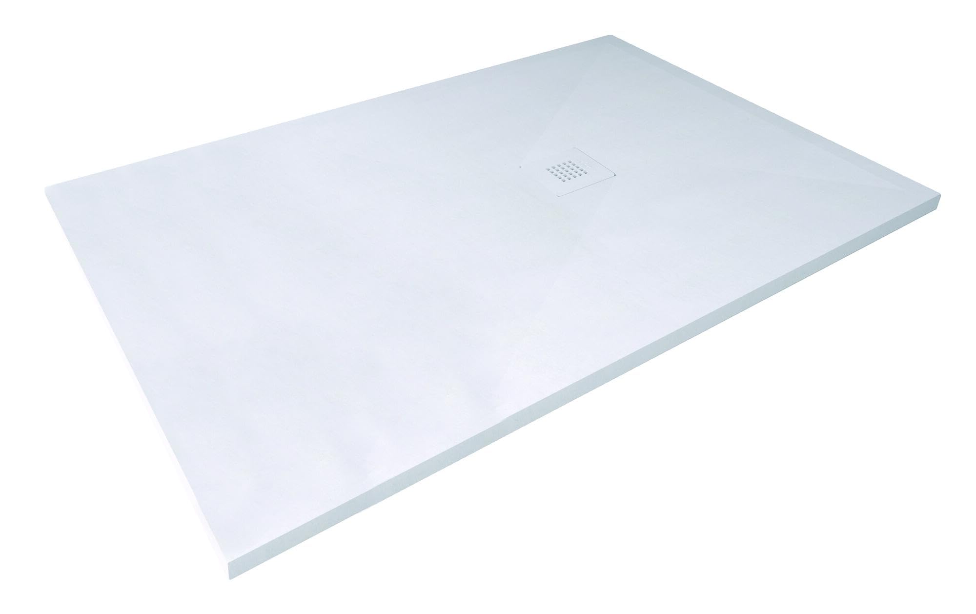 Receveur Rectangulaire NOLA3 Blanc 100x140cm Texture Imitation Pierre | Antidérapant, Grille d’écoulement, Découpable, Antibactérien, Extra Plat, avec bonde, Installation simple et rapide