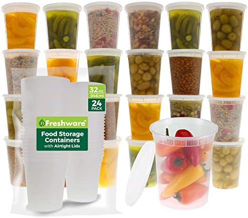 Freshware Food Storage Containers [24 Set] 32 oz Plastic Deli Containers with Lids, Slime, Soup, Meal Prep Containers | BPA Free | Stackable | Leakproof | Microwave/Dishwasher/Freezer Safe