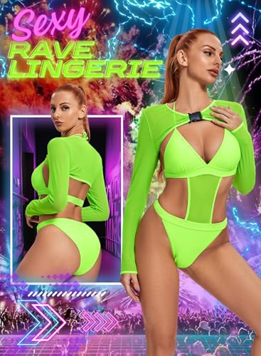 Rave Outfits for Womens - EDC Festival Neon Bodysuit Long Swimsuits Mesh Buckle Shrug Crop Top Club Party 2 Pcs Set4