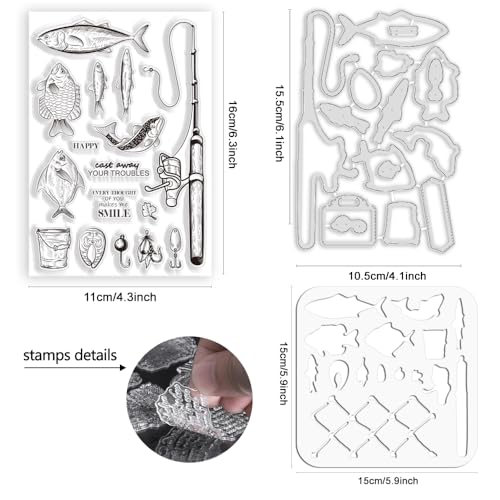 ORIGACH Fishing Theme Stamps Die and Stencils Sets for Card Making Fish Metal Cutting Die Stamp and PET Template Sets for DIY Scrapbooking Album Decorative - Image 2