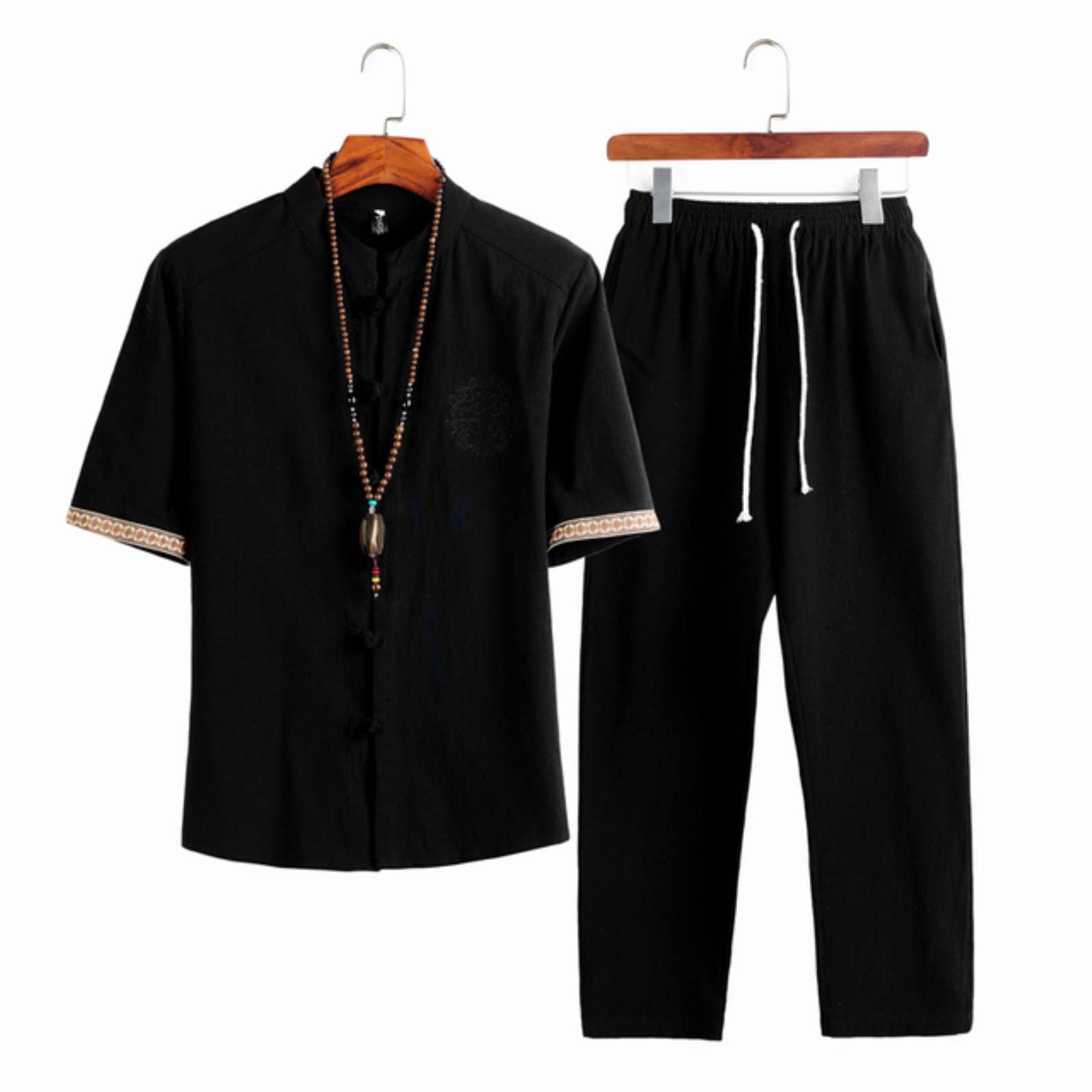 MOOCO MORNINGSummer Chinese Style Linen Tang Suit Traditional Clothing Men Shorts Tai Chi Uniform Retro Short Sleeve Shirt Pants Set