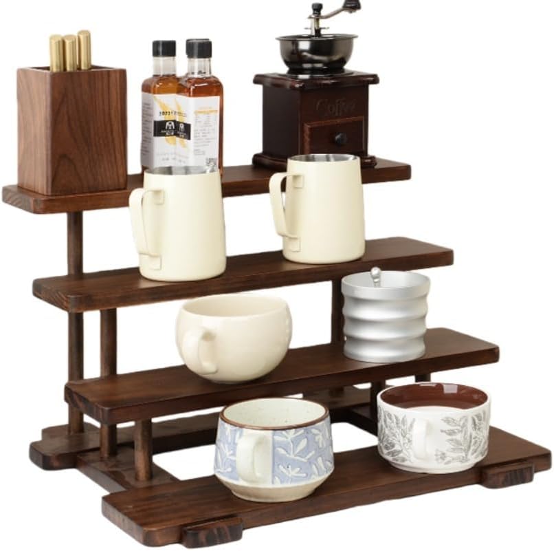 ウォールナット材のデスクトップ棚 多層式で 取り付け不要 スキンケア製品 マグカップ 香水の展示に最適です (クルミ材,4階)
