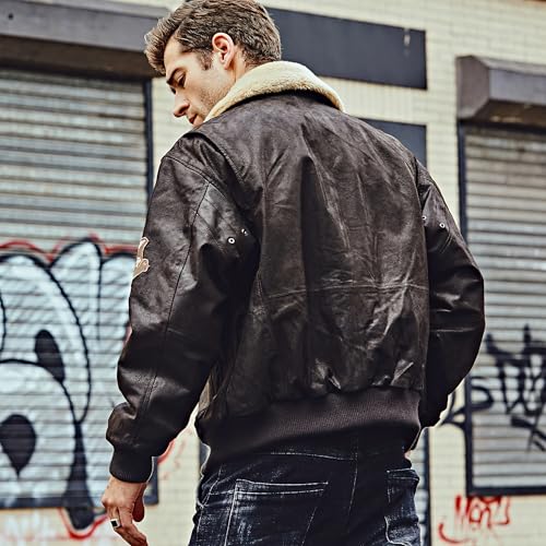 Image of FLAVOR Men's Real Leather Bomber Jacket with Removable Fur Collar Aviator