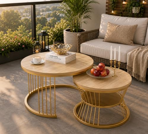 Image of The Round Coffee Table and The Stacking Tea Table with a Gold Metal Frame are Two Versatile Modern Center Tables that Look Great in Living Rooms (Cream Gold)