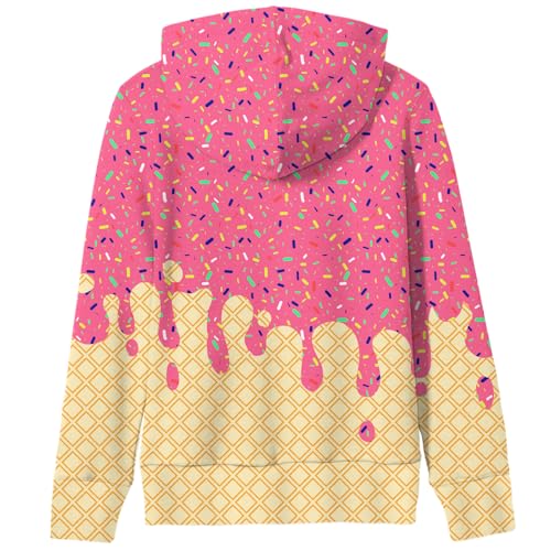 Image of Ahegao Yellow Pink Hoodies for Girl's Sweatshirts Size 12 13 14 Ice Cream Print Pullover Youth Stylish Lightweight Sweatshirt Jacket
