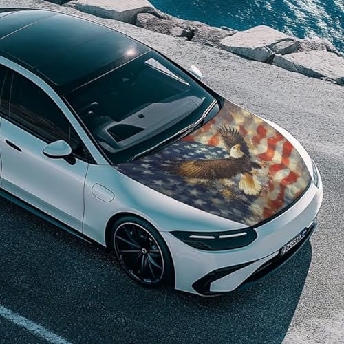 Image of Car Hood Cover Eagle and American Flag Prints Stretchable Car Hood Wrap Blanket Waterproof Auto Decorative Accessories for Compact Sedan SUV Truck Minivan (59x39 Inch)