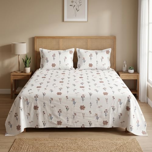 Image of HOMEMONDE King Size Bedsheet | Cotton Flat Sheet with Two Pillow Cover | 186 TC |Floral Design| All-Season Soft Bedsheet for King Bed (108 x 108 Inch /274 x 274 cm, Prairie Charm)