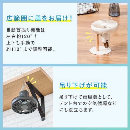 plus more ミニリビングファン LEDライト付 オフホワイト 扇風機 サーキュレーター 自動首振り機能 オートオフ機能 コードレス PBAF003 の商品画像 2