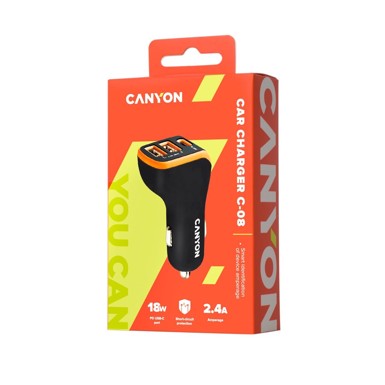 CANYON Cargador de Coche de 3 Puertos 2X USB-A, USB-C 18W PD, Negro/Naranja