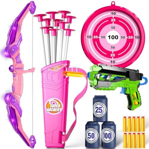 Doloowee Kids Bow and Arrow Set,Archery Toy Set with Light-up LED,10 Suction Cup Arrows,Foam Dart Shooting Toy,Target & Quiver,Indoor Outdoor Toys Gifts for 3 4 5 6 7 8-12 Years Old Boys Girls