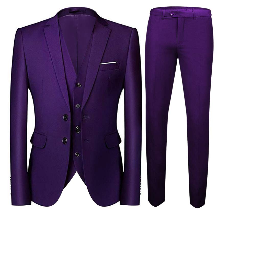 Botong Men's Purple 3 Pc Regular Fit Peak Lapel Suits Two Buttons Wedding Tuxedos Grooms Suit Business Suit 50/44