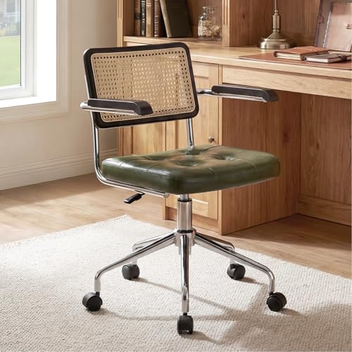 Image of Zesthouse Modern Home Office Chair Leather Desk Chair with Rattan Back, Vanity Chair for Girls Women, Upholstered Tufted Swivel Armchair for Bedroom, Height Adjustable Computer Task Chair