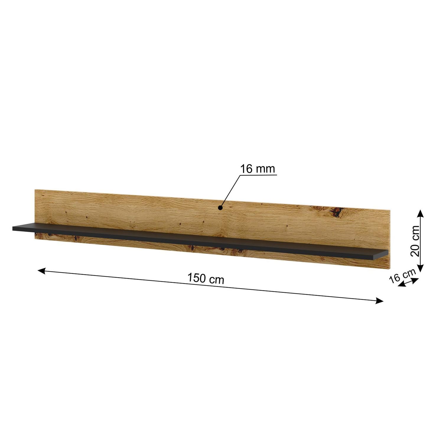 BIM Furniture Wandregal Aura – Modern Dekoregal 16x150x20 cm, Hängeregal, Wohnzimmer Regal, Wandmontage – Eiche Artisan/Schwarz Matt