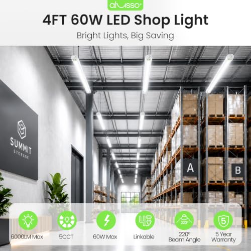 Image of ALUSSO 4FT Linkable LED Shop Lights, 6000LM 30W /45W /60W, 5CCT 2700K /3000K /4000K /5000K /6500K, 120V Integrated Fixture for Garage, Hanging or Surface Mount, 2 Pack
