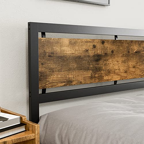 Ikifly California King Size Bed Frame/Industrial Cal King Metal Platform Bed With Wooden Headboard Footboard/Heavy Duty Steel Slats Support/No Box Spring Needed（Cal King, Rustic Brown） #TOP3