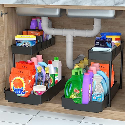 DEPAOTLUX Almacenaje bajo Fregadero,Estante Almacenamiento Debajo Fregadero 2 Niveles,Deslizable Organizador Bajo Fregadero con 4 Ganchos para Cocina/Baño (2 Juegos)