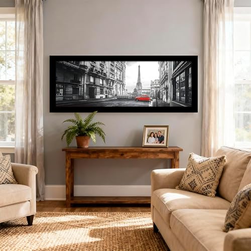 Image of PAINTINGMANTRA Paris City Vintage Red Car with Eiffel Tower View Wall Art Framed Luxury Paintings for Home Decoration, Living room, Bedroom and Office Decoration (99x38 CM)