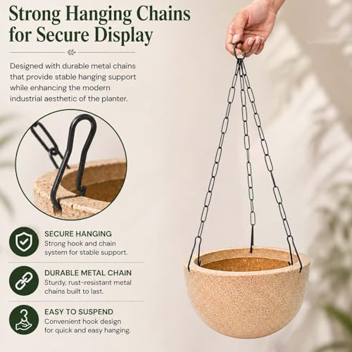Image of Go Hooked Henri Hanging Planter Pot for Indoor & Outdoor Plants Pack of 5 | 7 Inch Plastic Hanging Pots with Metal Chain | Decorative Round Hanging Planter for Balcony, Garden & Home Decor (Sandstone)