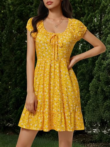 Image of HUHOT Teen Petite Women Floral Short Summer Mini Dresses with Pockets Cute Milkmaid Sundress 2026