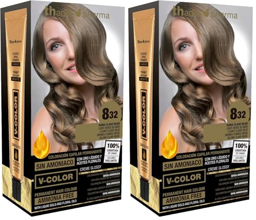 Thader Th Pharma V-Color Kit de Tinte permanente Sin Amoniaco con Oro Líquido 100% Cobertura de canas, 120 ml (No. 8.32 Rubio claro beige) (Paquete de 2)