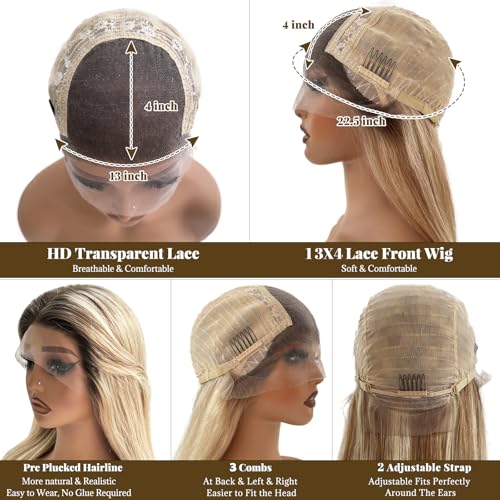 Image of Belaved Highlights Ash Brown Lace Front Wigs Human Hair No Synthetic HD Frontal Real Human Hair Dark Brown Roots Pre Plucked Glueless 180% Density Seamless 13x4 Straight for Women 22 Inch